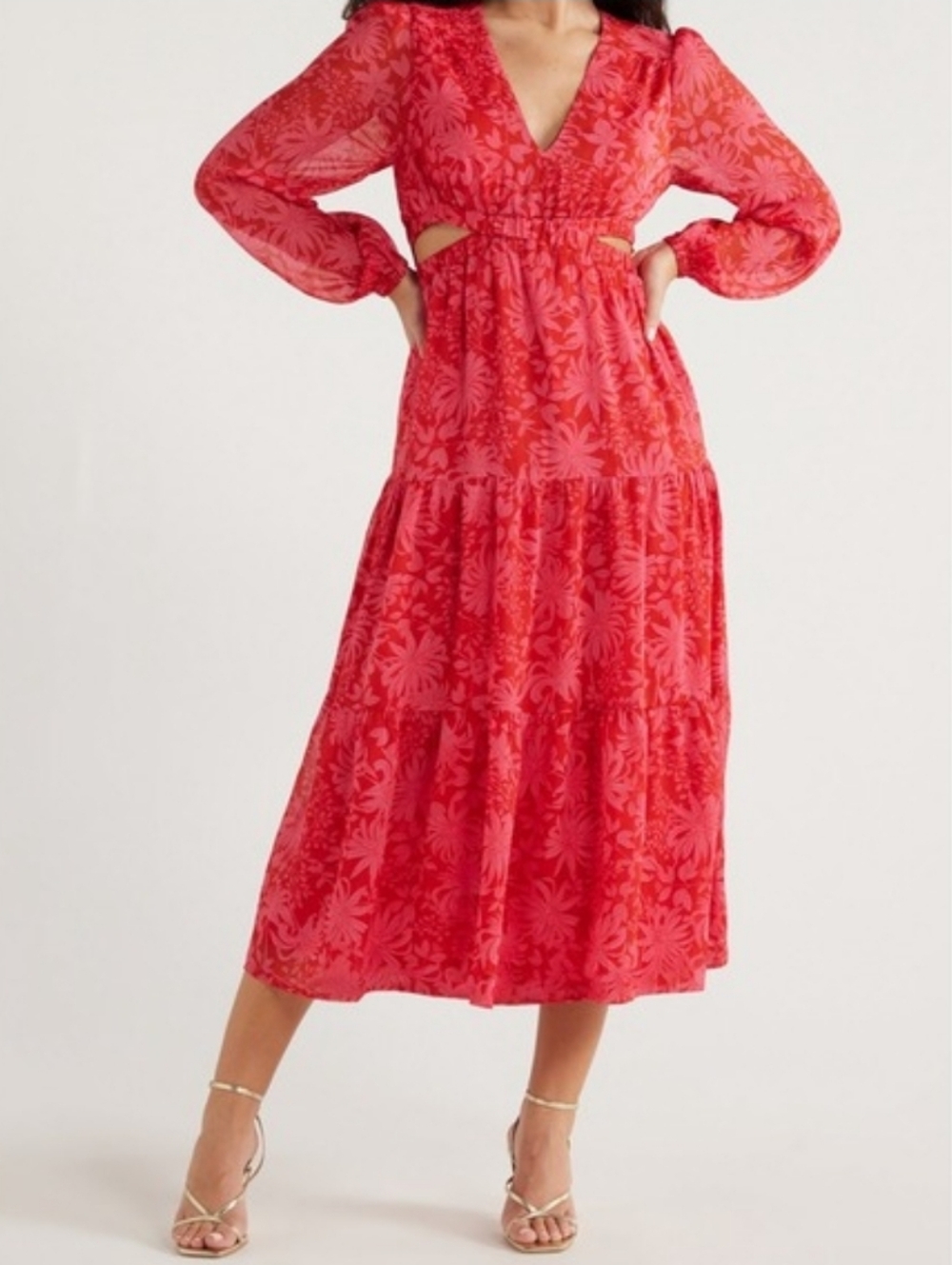 Sofia Vergara Floral Midi Dress Chiffon Cut Out Sides Pink Red Long Sleeve MD